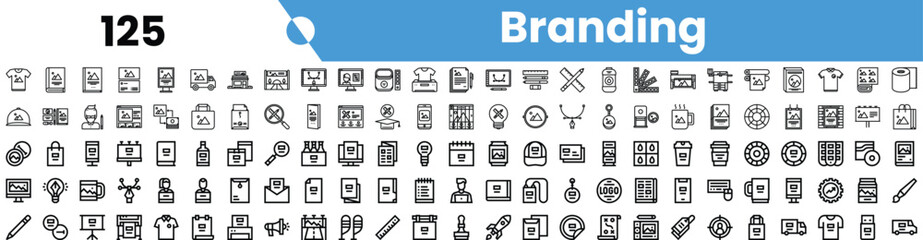 A diverse collection of minimalist branding icons in black and white, showcasing various elements of business identity and marketing strategies.