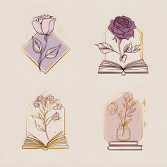 A simple line drawing of a romantic author emblem, with a color palette that includes purple, lavender, rose, pink, or gold.