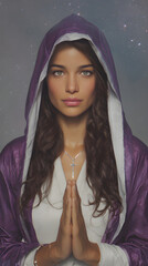 A 27-year-old Italian woman with olive skin, long wavy dark brown hair, is wearing a modern white purple Christian robe with hood over a tight fitted white top, and a silver cross necklace.