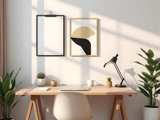 japandi style home office 3d render with minimalist decor and geometric artwork in calming neutral tones