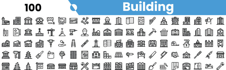 A diverse collection of building icons, showcasing various architectural styles and construction elements in a minimalist black and white design.