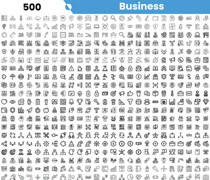 A collection of monochrome business icons showcasing various themes like communication, finance, and technology.