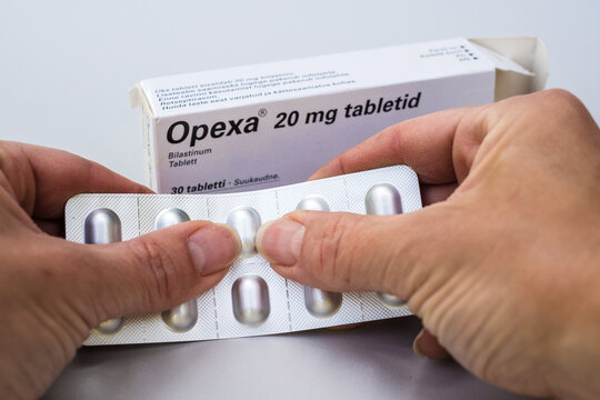 Tallinn, Estonia - June 22, 2025: Opexa tablets by Berlin-Chemie Menarini. Prescription medication for allergic rhinitis and urticaria.
