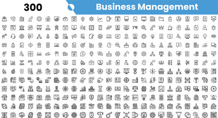 A comprehensive collection of black and white icons related to business management, showcasing various themes like finance, teamwork, and strategy.