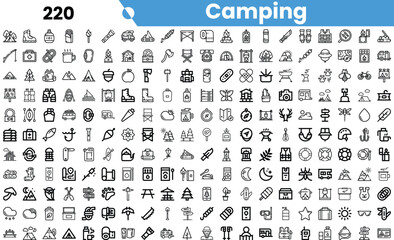 A diverse collection of camping-themed icons featuring tents, trees, and outdoor gear, perfect for camping-related projects.