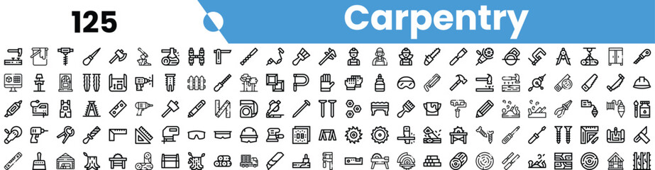 A diverse collection of carpentry icons showcasing tools and materials used in woodworking projects.
