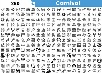 A diverse collection of black and white carnival-themed icons, showcasing festive elements and entertainment symbols.