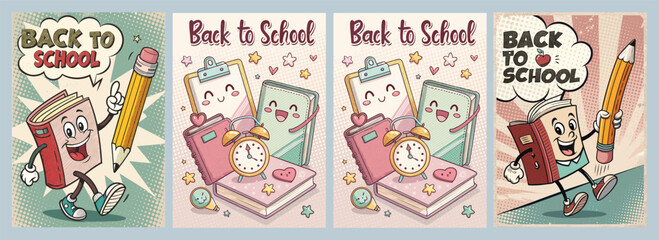 Cheerful Back-to-School Poster Designs with Colorful Animated School Supplies Featuring a Smiling Pencil Book and Clock for an Inspiring Student Atmosphere