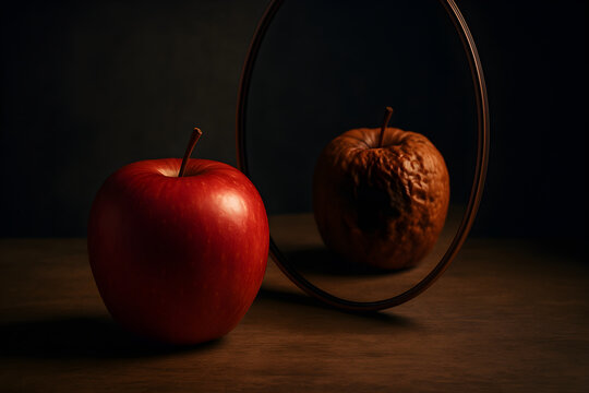 Surreal apple reflected as decayed rotten fruit