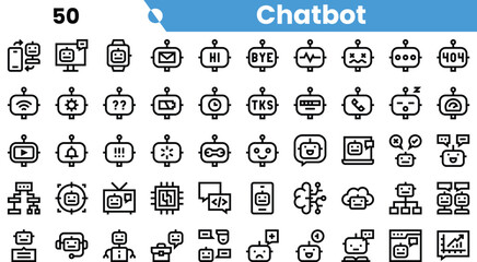 A collection of diverse chatbot icons illustrating various communication functions, including greetings, error messages, and notifications.