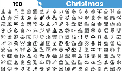 A diverse collection of Christmas-themed icons, featuring ornaments, gifts, and festive symbols in a minimalist black and white design.