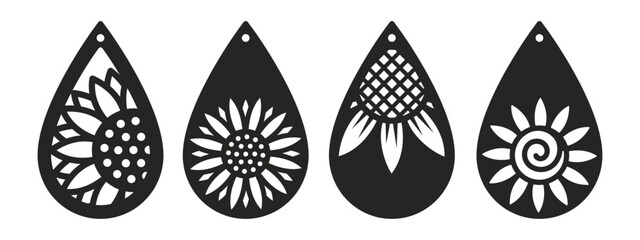 Set of vector designs with sunflower for teardrop earrings, pendant or keychain. Floral jewelry silhouette cutting template. Cnc Laser cut with metal, wood or leather. Botanical stencil