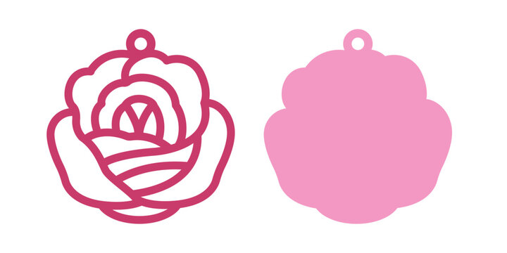 Two layered design with rose flower for earrings, pendant or keychain. Floral jewelry silhouette cutting template. Cnc Laser cut with metal, wood or leather. Botanical vector stencil