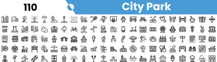A collection of black and white icons representing various features of a city park, from recreational activities to natural elements.