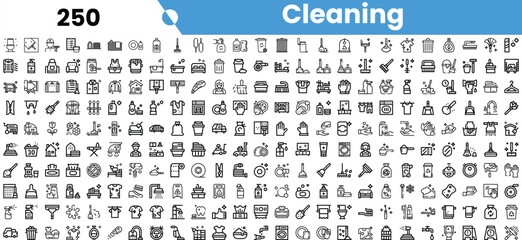A diverse collection of cleaning icons showcasing various cleaning tools, products, and activities in a minimalist black and white design.