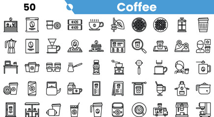 A diverse collection of coffee-themed icons showcasing various brewing methods and coffee-related items.