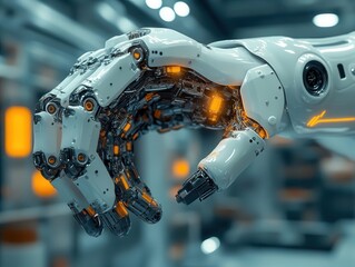 Fototapeta premium Mechanical parts assembly robot, closeup on detailed robotic arm, precise movements, futuristic setting, ambient light