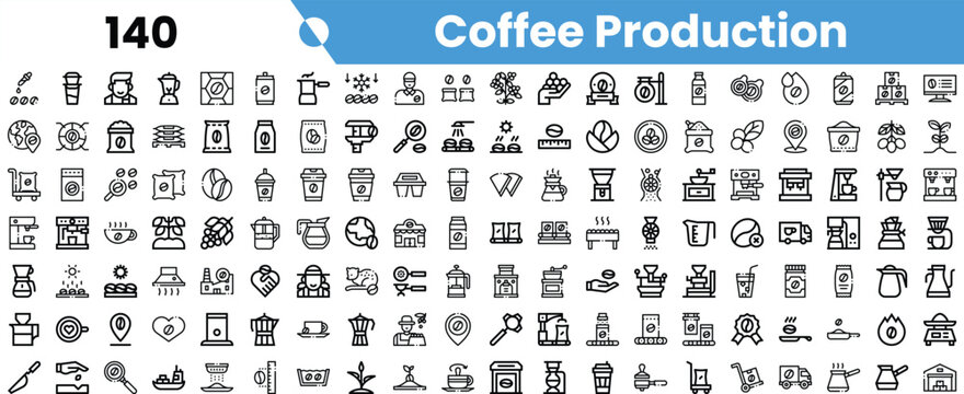 A diverse collection of black-and-white icons representing various aspects of coffee production, from farming to brewing.