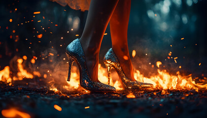 Woman with sparkling high heels walking on fire in a dark and cinematic scene, creating a dramatic and magical atmosphere with embers and flames