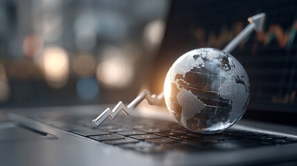 Global Business Growth Success Laptop Arrow World Map Digital Marketing Technology Innovation Financial Progress International Trade Economic Development Globalized Economy Future 