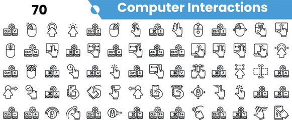 A collection of various icons depicting computer interactions, featuring a range of mouse and touch gestures in a minimalist design.