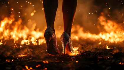 Woman with sparkling high heels walking on fire in a dark and cinematic scene, creating a dramatic and magical atmosphere with embers and flames
