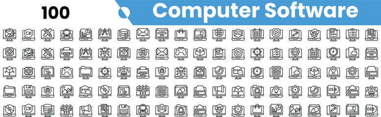 A collection of monochrome icons representing various computer software applications, showcasing diverse functionalities and designs.