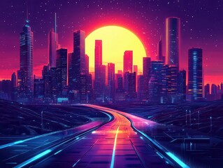 Fototapeta premium Scenic travel destinations in futuristic setting, neonlit skyline, high contrast, detailed landscape