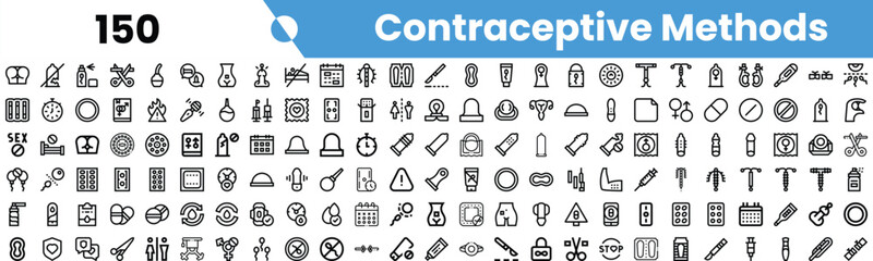 A comprehensive collection of icons depicting various contraceptive methods, showcasing their diversity and usability.