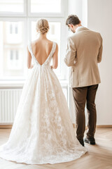 Naklejka premium Bride in a white lace gown and a man in suit stand by a window. Wedding couple in elegant outfits