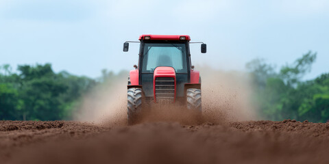 Fototapeta premium Red tractor moves across a plowed field, kicking up dust as it works. Agriculture and farming machinery in action