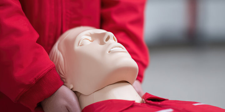 A CPR mannequin is on the ground with a person in a red jacket practicing resuscitation techniques. Training, emergency response, medical education