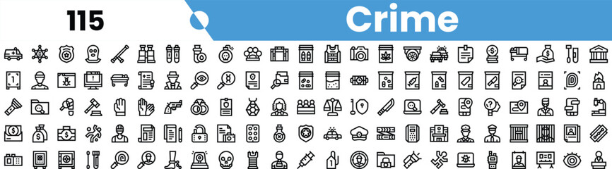 A collection of monochrome crime-related icons, featuring symbols of law enforcement, investigation tools, and criminal activities.