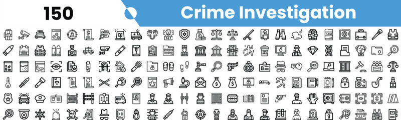 An extensive collection of black and white icons representing various elements of crime investigation, including tools, symbols, and evidence.