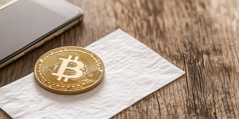 A gold coin with a bitcoin symbol rests on a piece of paper next to a smartphone on a wooden surface. Digital currency concept