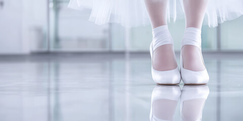 Ballet shoes on a dancer's feet are shown on a reflective studio floor. Elegance, dance, performance, grace