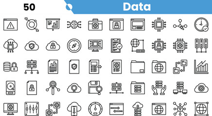 A collection of monochrome icons representing data management, security, and analytics.