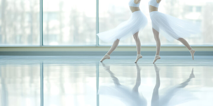 Two dancers in white skirts are gracefully performing in a spacious, well-lit room. Concept: elegance, dance, symmetry