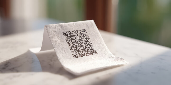 A piece of paper with a QR code rests on a marble surface. Digital information, modern technology concept
