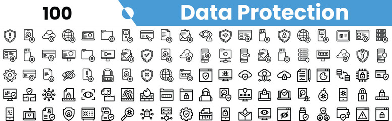 A collection of monochrome icons representing data protection, including secure storage, encryption, and cybersecurity.