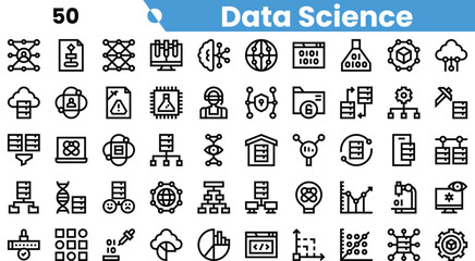 A collection of data science icons showcasing diverse elements like analytics, machine learning, and data visualization.