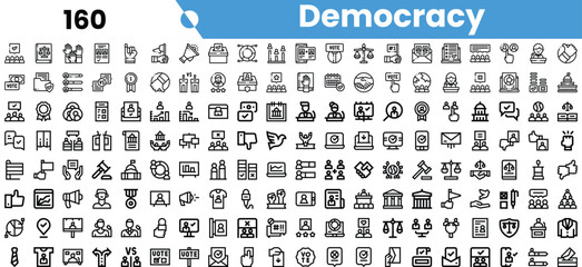 A diverse collection of icons representing democracy and civic engagement, highlighting voting, parliament, community, and justice themes.