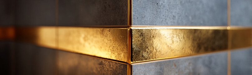 Fototapeta premium A close-up of a corner in a modern bathroom with a vertical golden metal stripe.