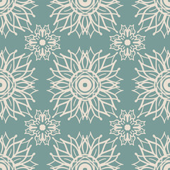 Floral seamless pattern. Light flowers on pastel green background. Vector. Ornament with sunflowers, traditional, ethnic motifs. Template for fabric and textile, interior design, printing.