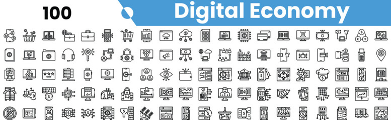 A collection of digital economy icons featuring business, technology, and finance themes.