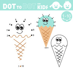 Ice cream. Dot to dot games for kids. Connect the numbers and drawing ice cream. Coloring book. Puzzle activity worksheet. Sketch vector illustration.