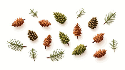 Realistic pinecones and conifer leaves scattered on white background, designed for holiday, winter, or forest-themed decoration purposes.