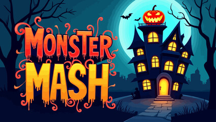 Spooky haunted house with glowing windows and "Monster Mash" text under a full moon, perfect for Halloween party themes.
