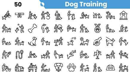A creative collection of dog training illustrations featuring diverse training activities and methods.