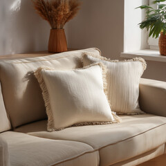 Decorative pillow on modern beige sofa in cozy minimalist interior with soft natural light